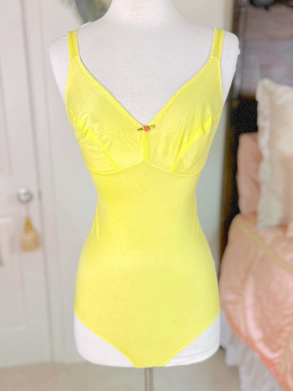 Vintage 70s Sheer Yellow Nylon Teddy Bodysuit, Union Made, Size XS, Lingerie
